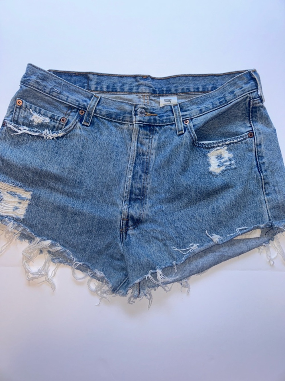 Levi's Light Blue Distressed Denim HANDMADE Cutoff Shorts, size 36 men’s